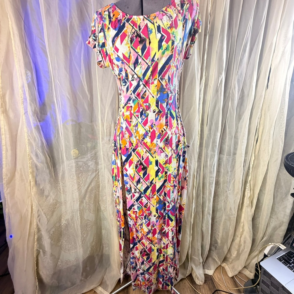 Geometric Abstract Print Lattice Side Maxi Dress Multi Color Strappy Back